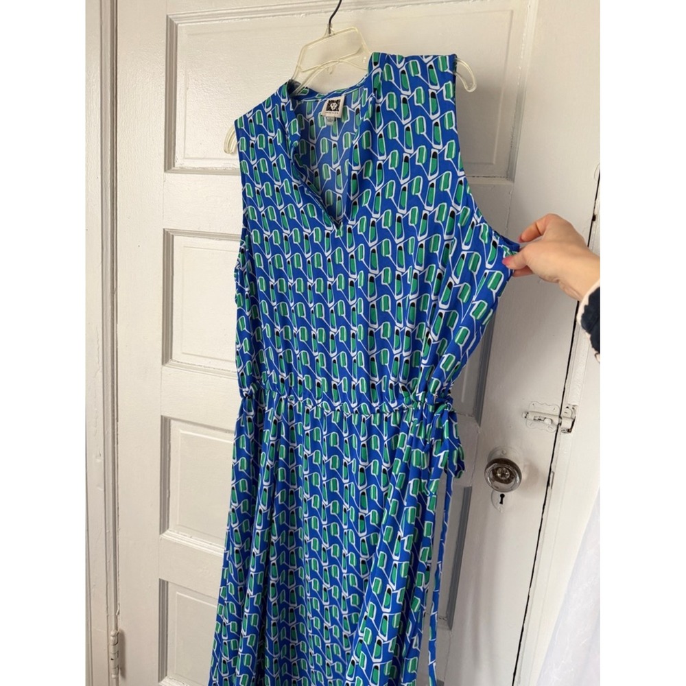 Anne Klein Blue & Green Geometric Sleeveless Maxi Dress Cinched Waist Office Lg - Picture 6 of 17